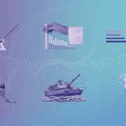 Against a blue and purple background, multiple data illustrations are shown